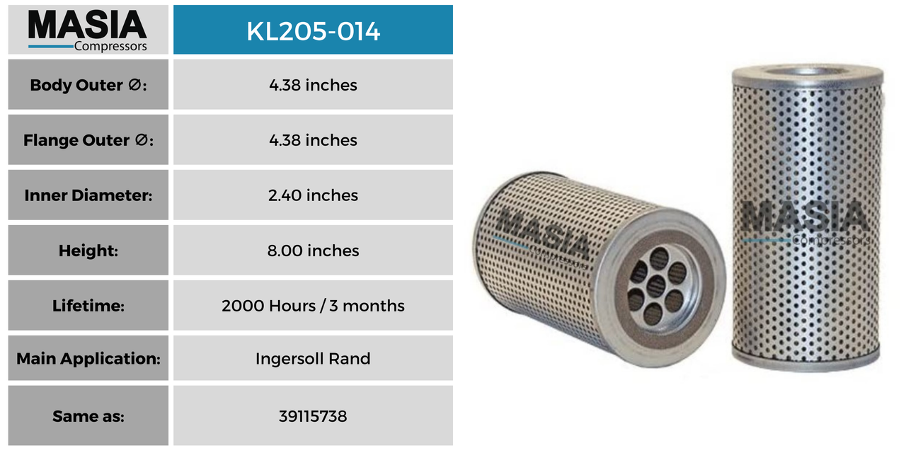 39115738 Filtro de Aceite Compatible con Ingersoll Rand