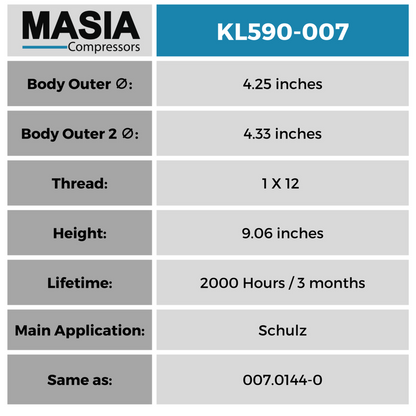 007.0144-0 Filtro de Aceite Compatible con Schulz Compressor