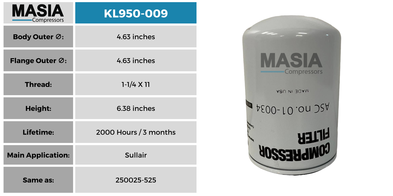 Filtro De Aceite Masia Compressors ML950-009