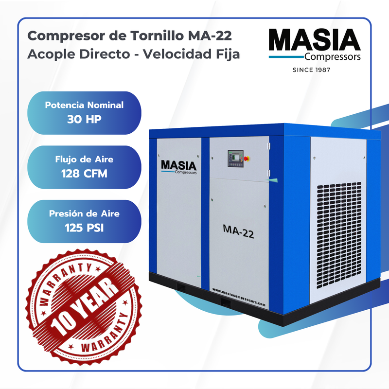 Compresor Lubricado Aceite MA-22 10.5 Bar 84 CFM 220VAC 30 HP
