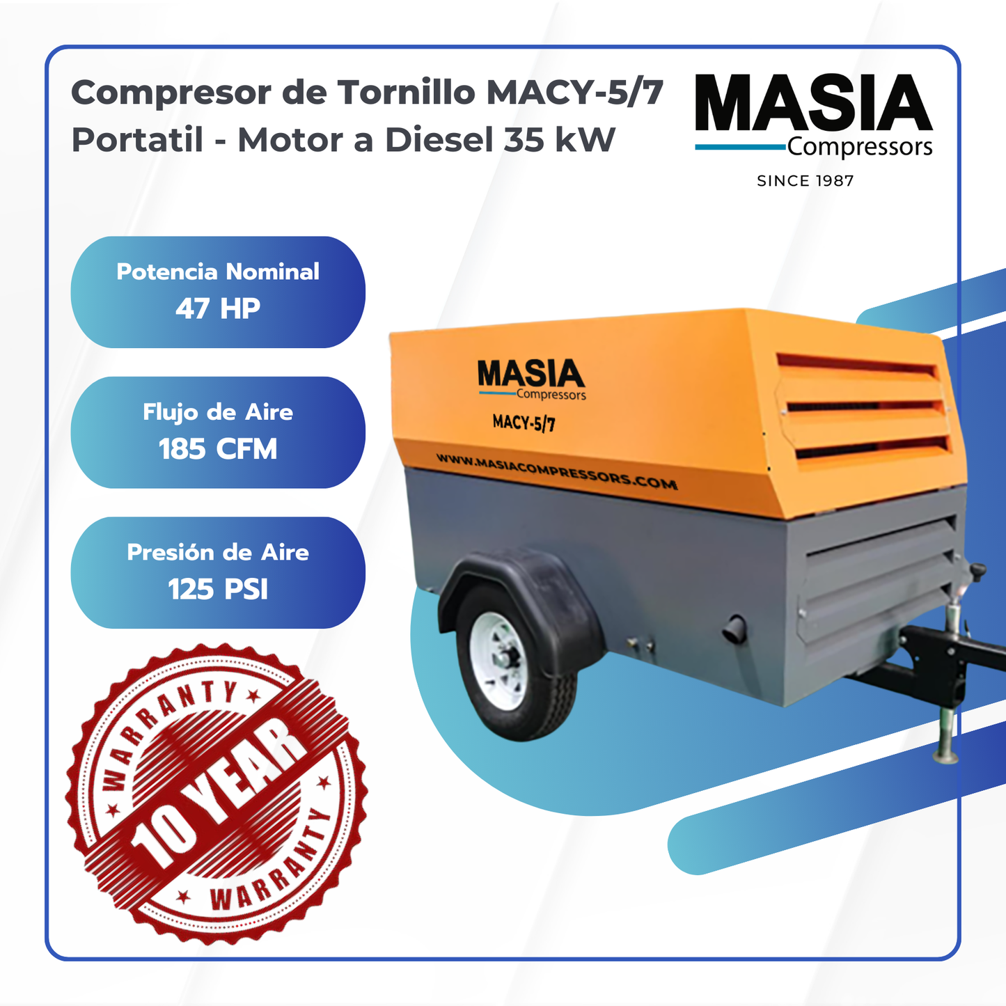 Compresor De Aire MACY-5/7 Portátil 125 PSI 185CFM 47 HP Diesel