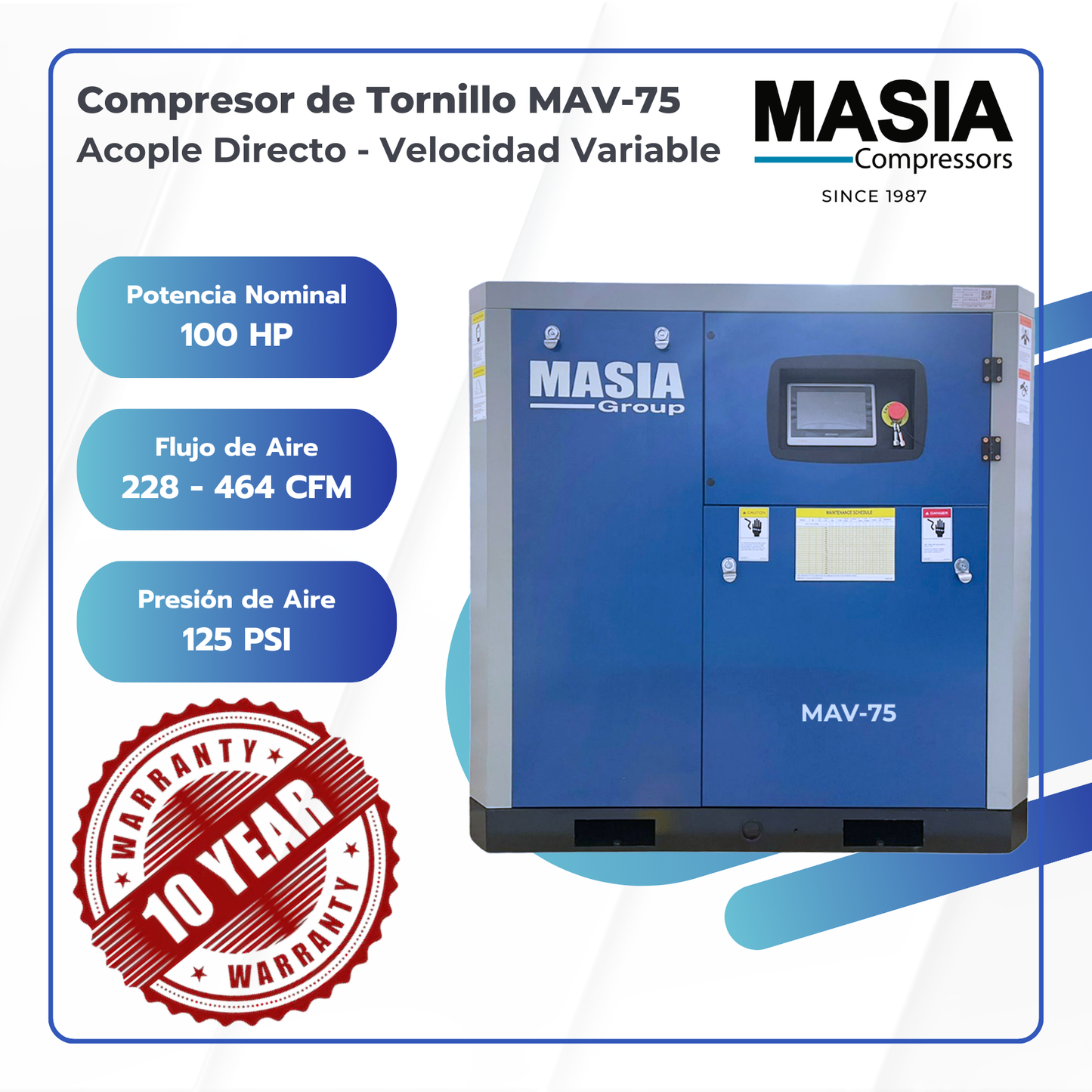 Compresor De Aire MAV-75 Acople Directo 109 PSI 11.723 L/min. 440VAC 100 HP